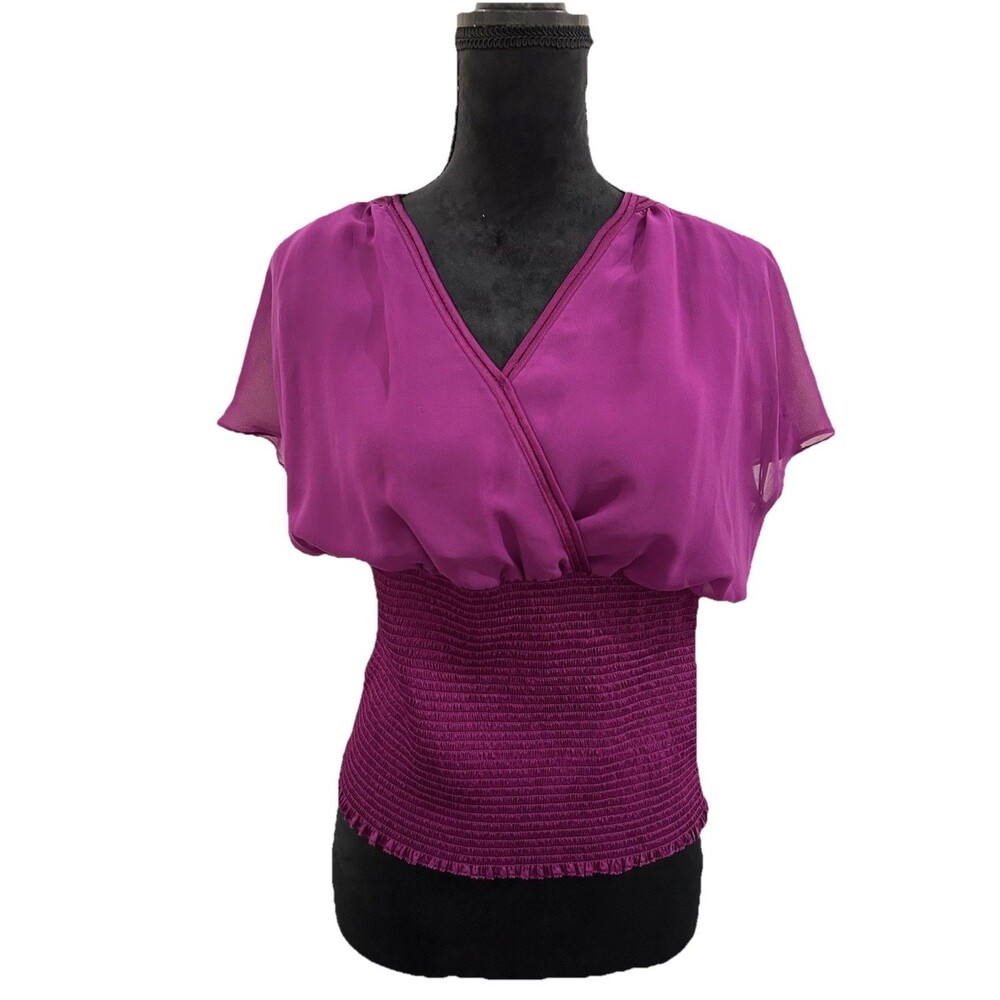 White House Black Market Womens Sz M Top Purple V Neck Smock Waist Pullover